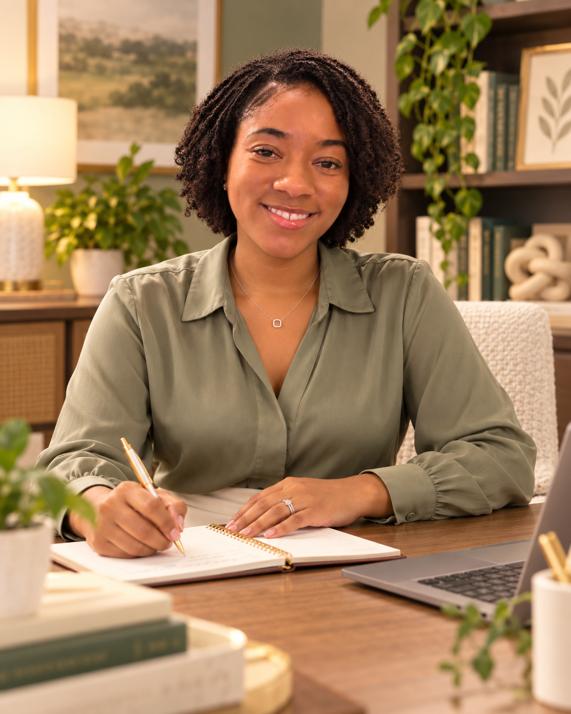 Arleta at her desk in a green blouse